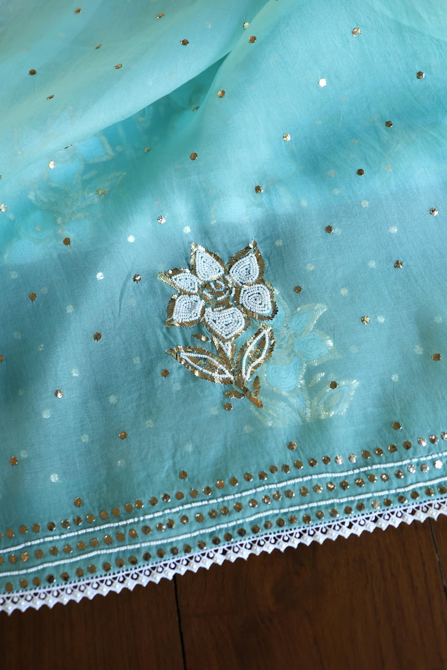 Coral Blue Shade Noor Organza Silk Mukaish Pearl Chikankari Unstitched Fabric