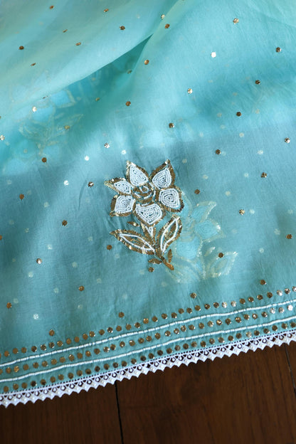 Coral Blue Shade Noor Organza Silk Mukaish Pearl Chikankari Unstitched Fabric