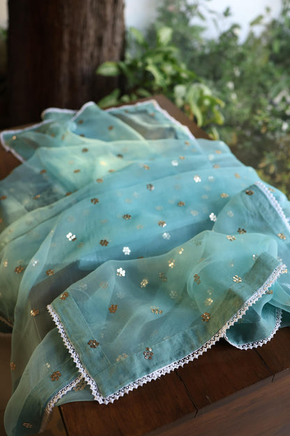 Coral Blue Shade Noor Organza Silk Mukaish Pearl Chikankari Unstitched Fabric
