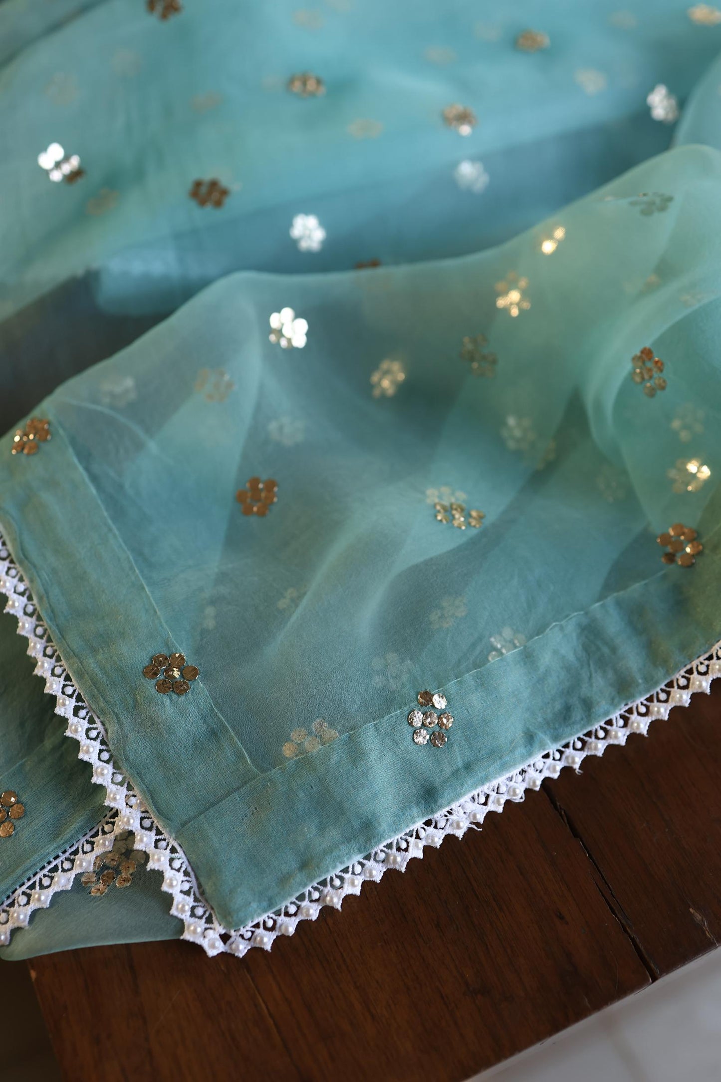 Coral Blue Shade Noor Organza Silk Mukaish Pearl Chikankari Unstitched Fabric
