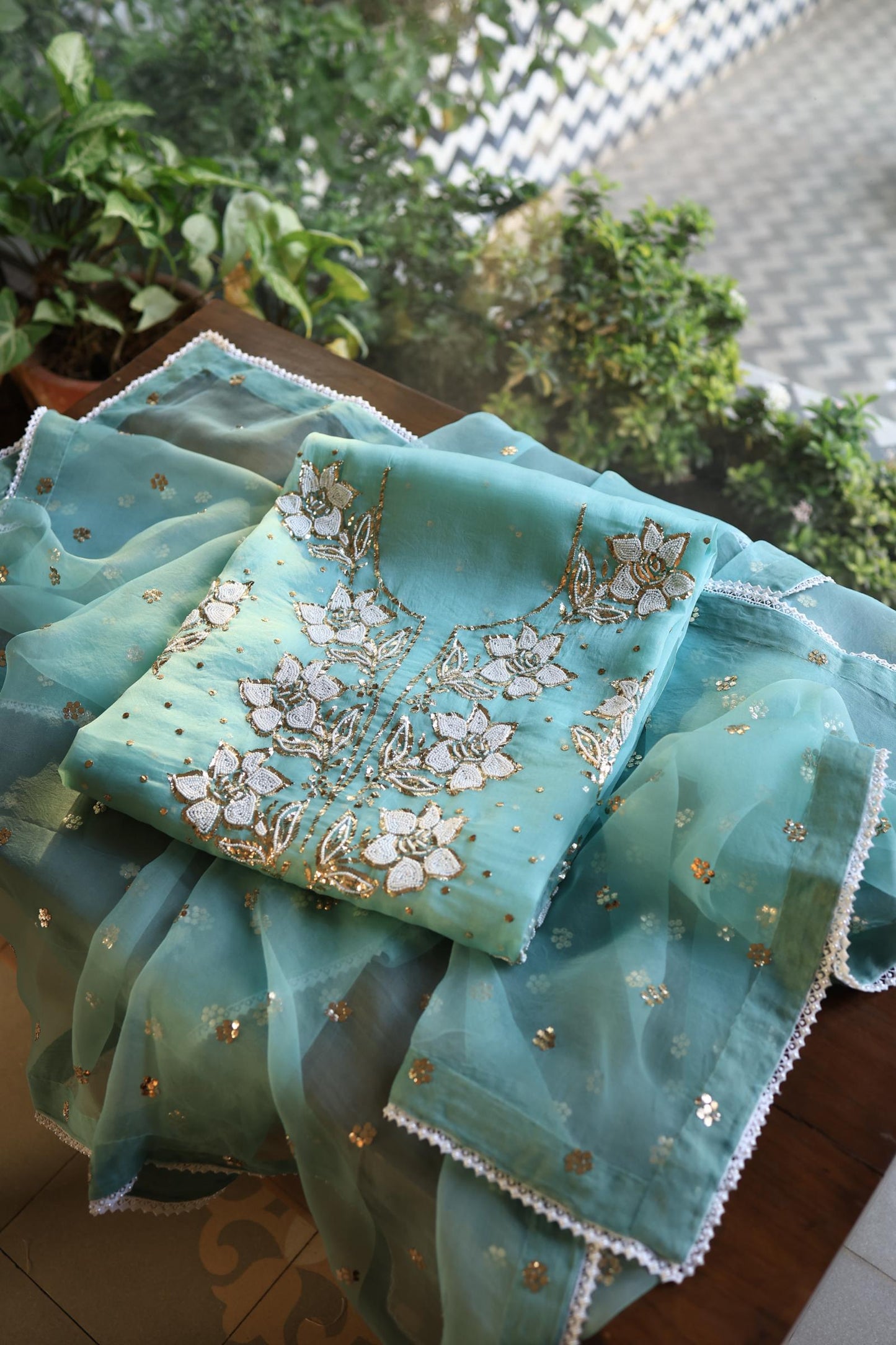 Coral Blue Shade Noor Organza Silk Mukaish Pearl Chikankari Unstitched Fabric