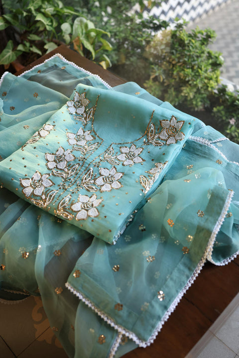 Coral Blue Shade Noor Organza Silk Mukaish Pearl Chikankari Unstitched Fabric
