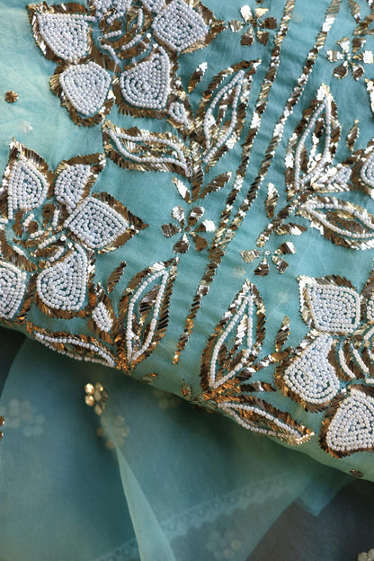 Coral Blue Shade Noor Organza Silk Mukaish Pearl Chikankari Unstitched Fabric
