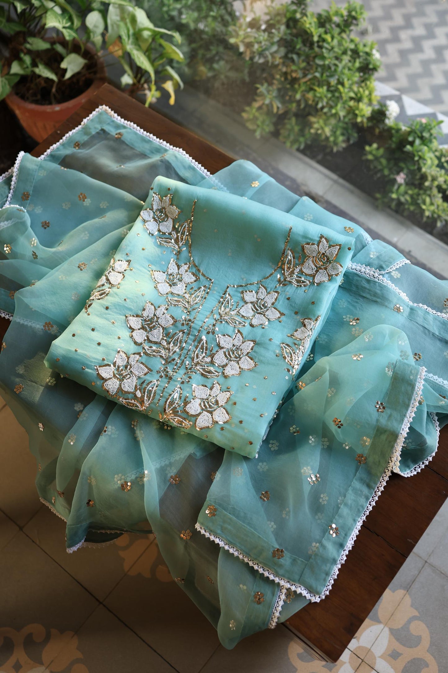 Coral Blue Shade Noor Organza Silk Mukaish Pearl Chikankari Unstitched Fabric