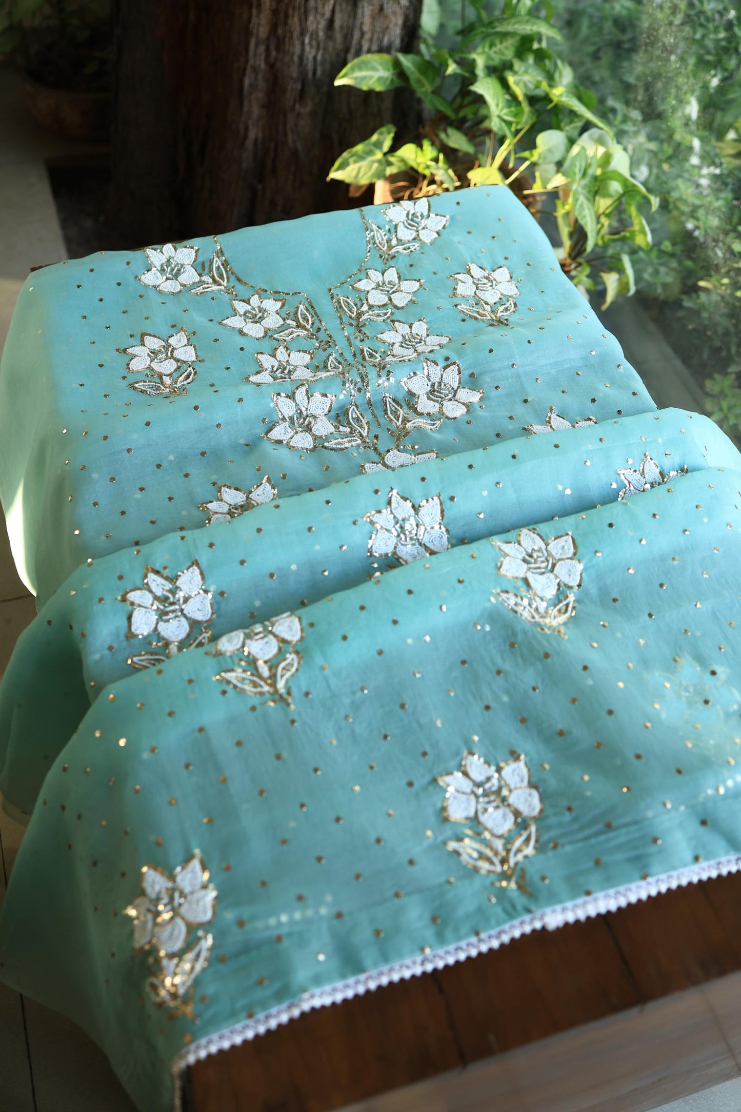 Coral Blue Shade Noor Organza Silk Mukaish Pearl Chikankari Unstitched Fabric