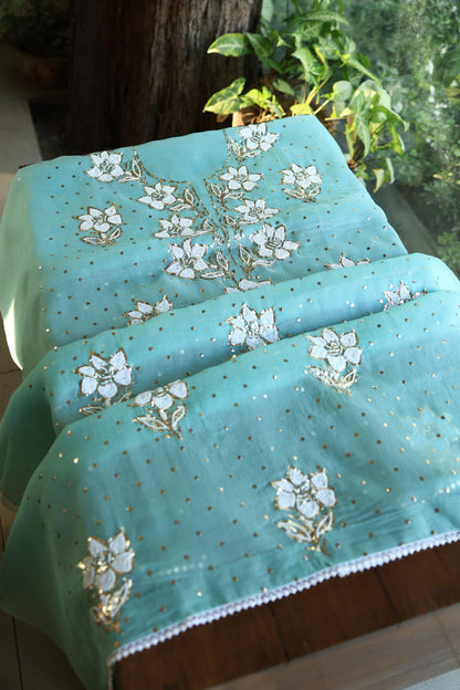 Coral Blue Shade Noor Organza Silk Mukaish Pearl Chikankari Unstitched Fabric