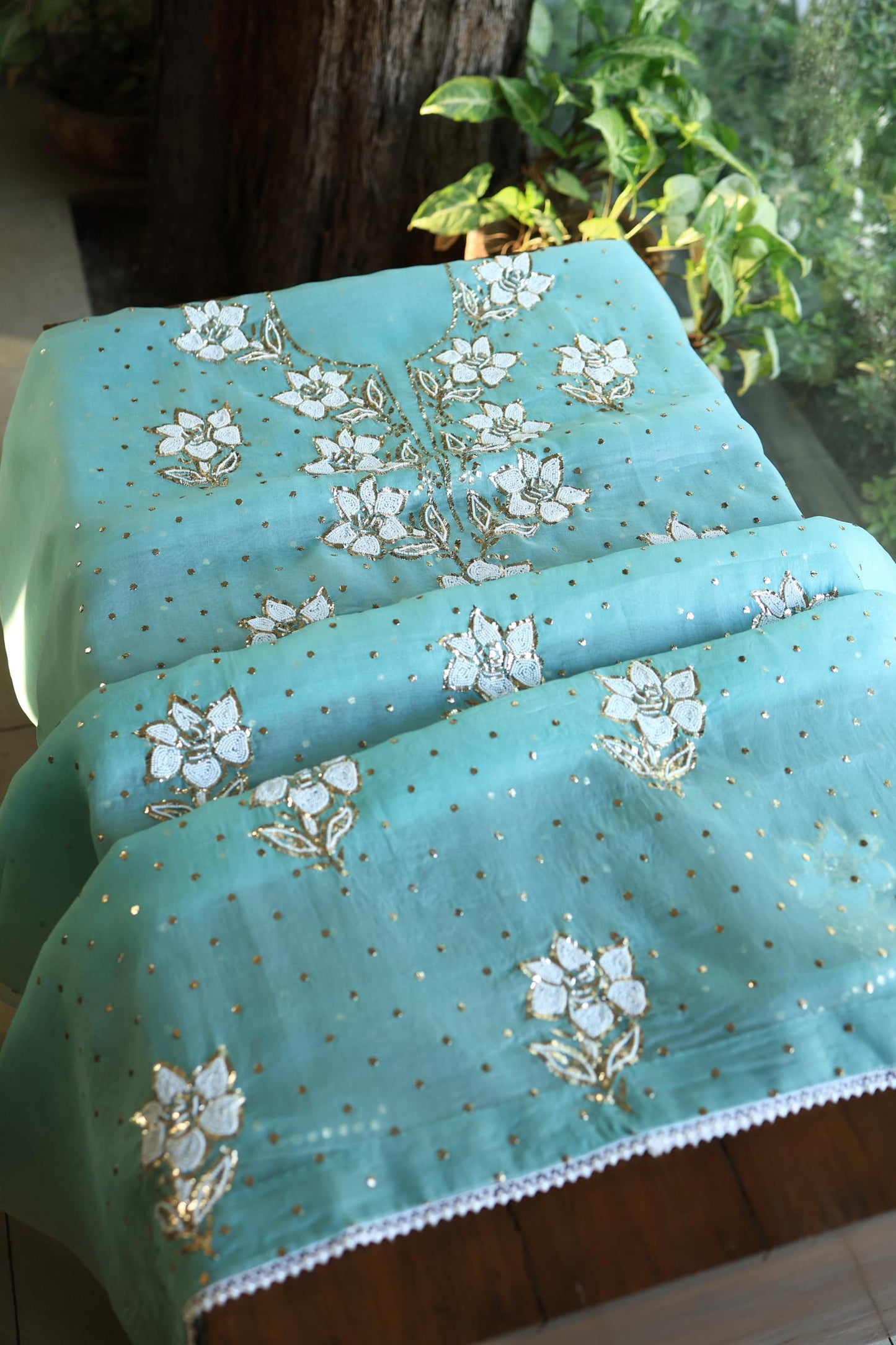 Coral Blue Shade Noor Organza Silk Mukaish Pearl Chikankari Unstitched Fabric