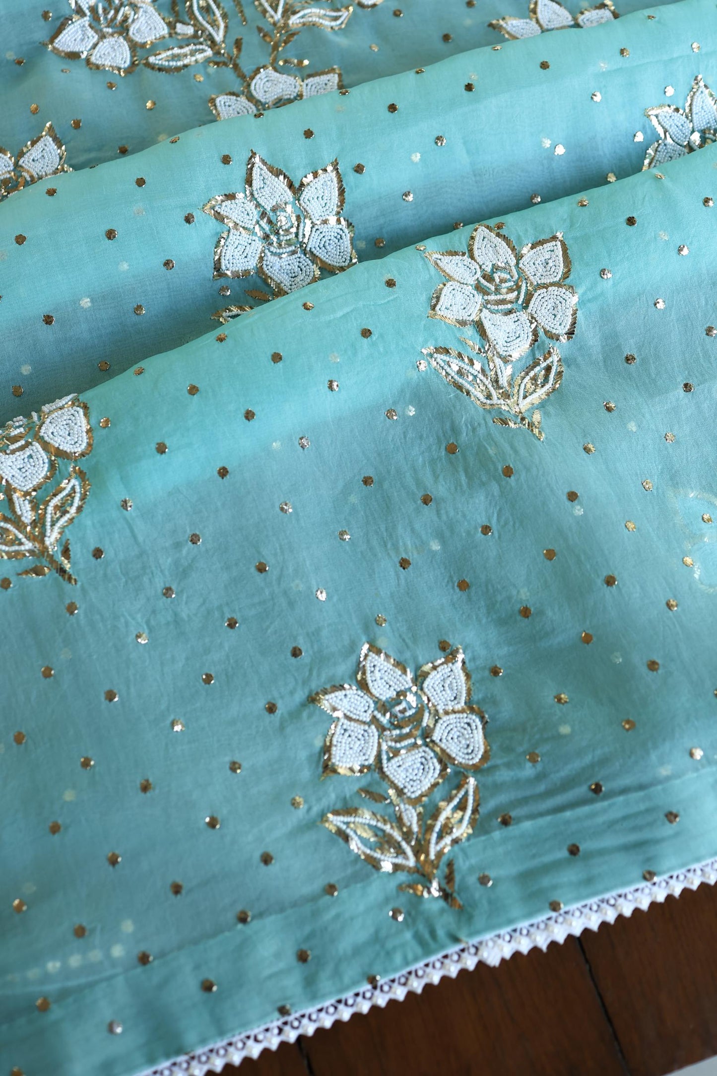 Coral Blue Shade Noor Organza Silk Mukaish Pearl Chikankari Unstitched Fabric