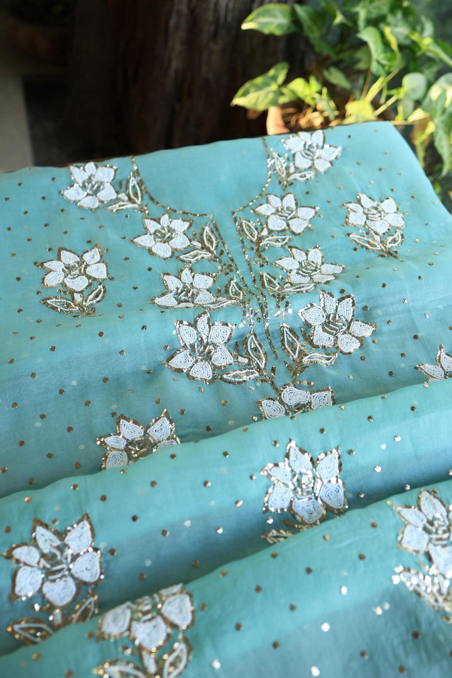 Coral Blue Shade Noor Organza Silk Mukaish Pearl Chikankari Unstitched Fabric