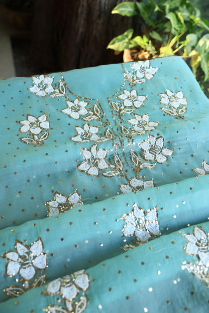 Coral Blue Shade Noor Organza Silk Mukaish Pearl Chikankari Unstitched Fabric