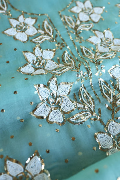 Coral Blue Shade Noor Organza Silk Mukaish Pearl Chikankari Unstitched Fabric