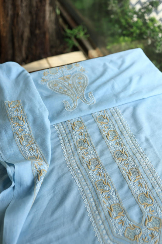 Coral Blue Shade Unisex Chikankari Bengal Muslin Kurta