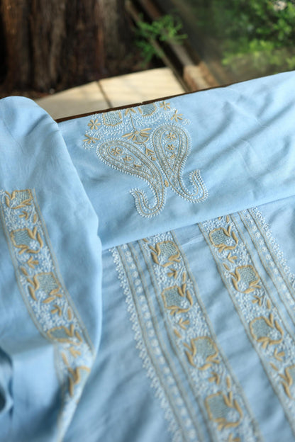 Coral Blue Shade Unisex Chikankari Bengal Muslin Kurta
