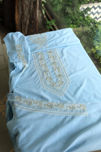 Coral Blue Shade Unisex Chikankari Bengal Muslin Kurta