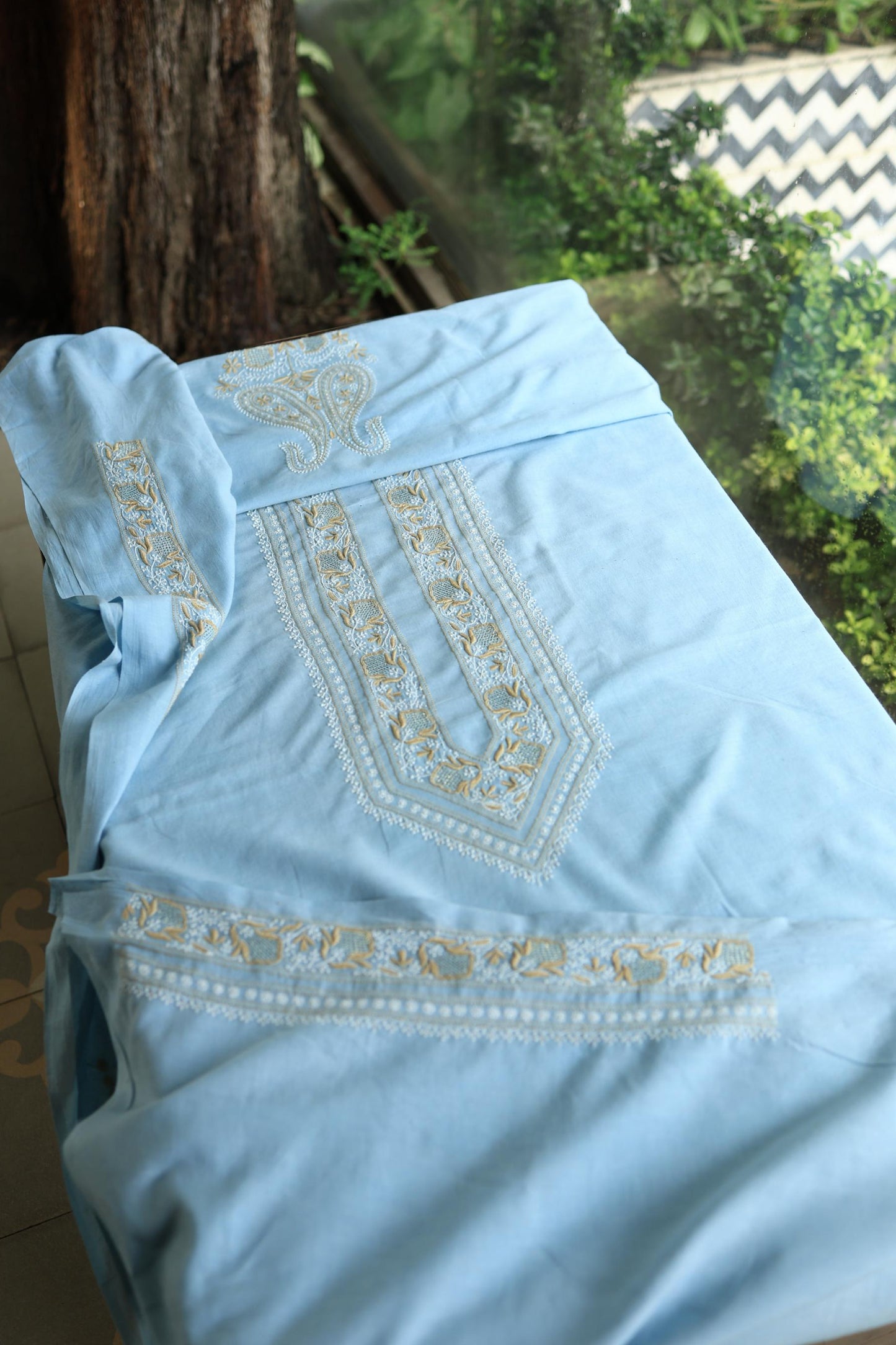 Coral Blue Shade Unisex Chikankari Bengal Muslin Kurta