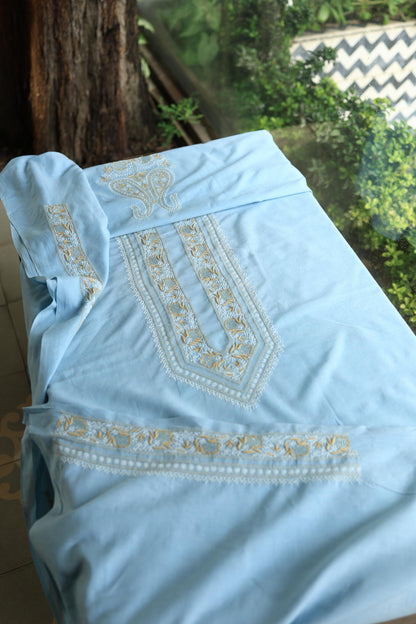 Coral Blue Shade Unisex Chikankari Bengal Muslin Kurta