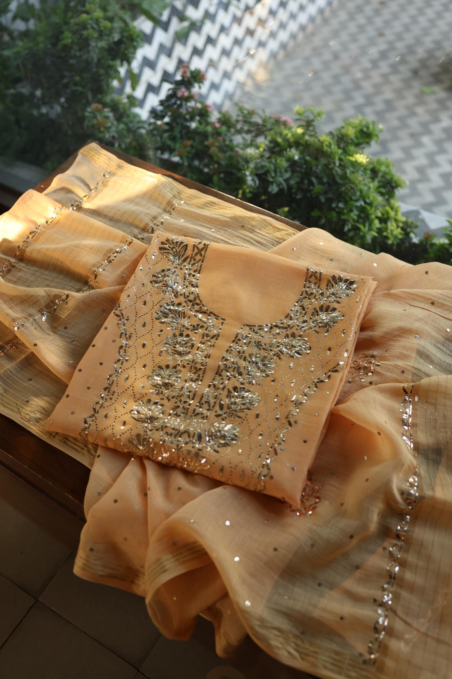 Coral Peach Chanderi Silk Mukaish Badla Unstitched Fabric