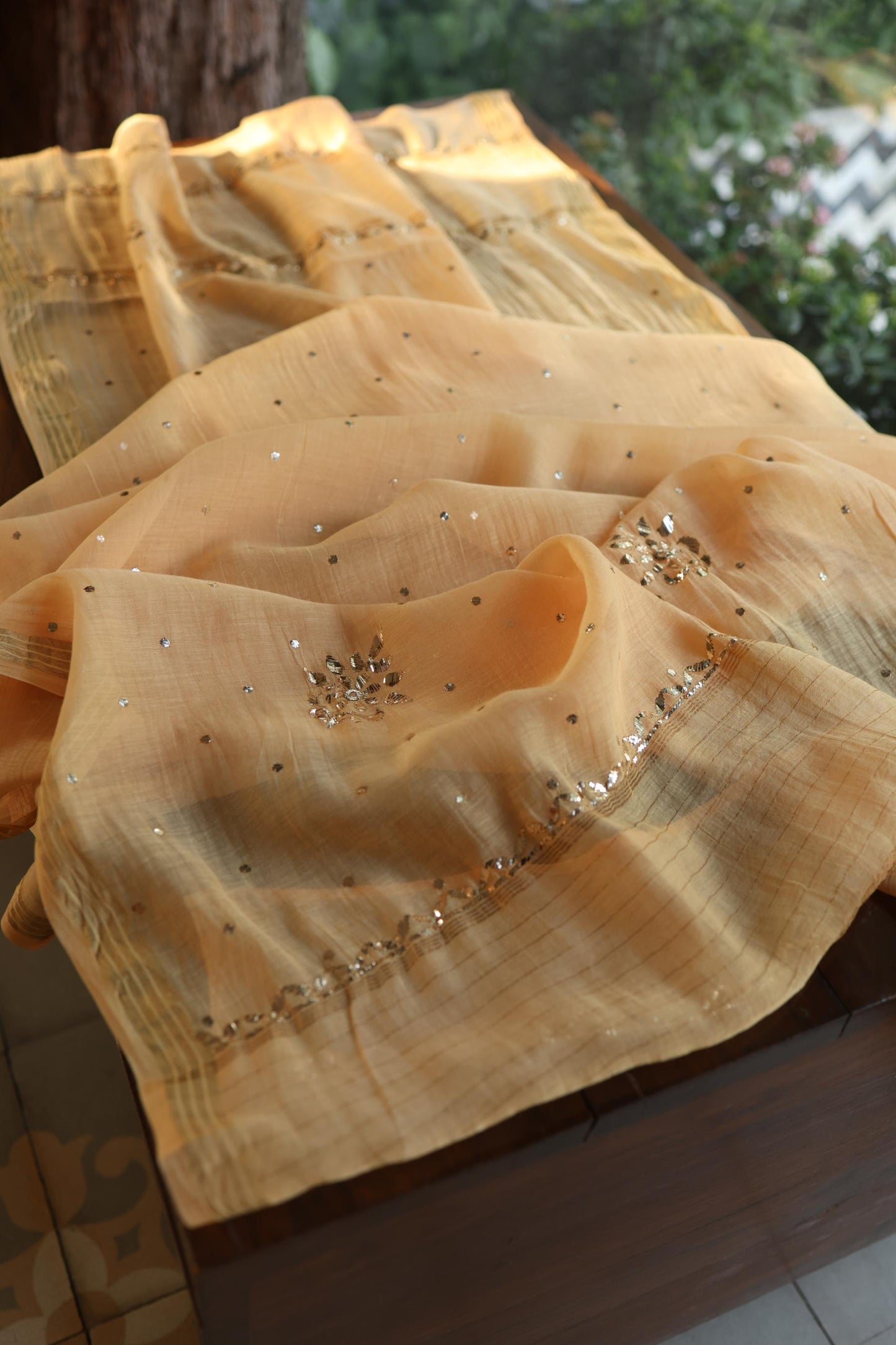 Coral Peach Chanderi Silk Mukaish Badla Unstitched Fabric