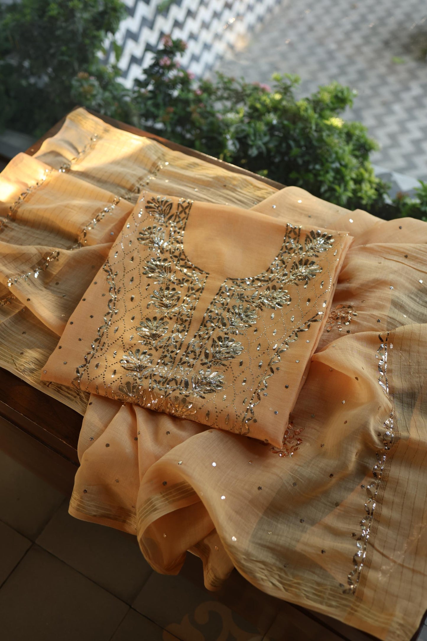 Coral Peach Chanderi Silk Mukaish Badla Unstitched Fabric