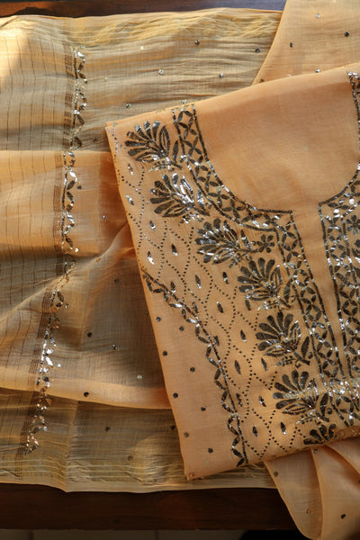 Coral Peach Chanderi Silk Mukaish Badla Unstitched Fabric