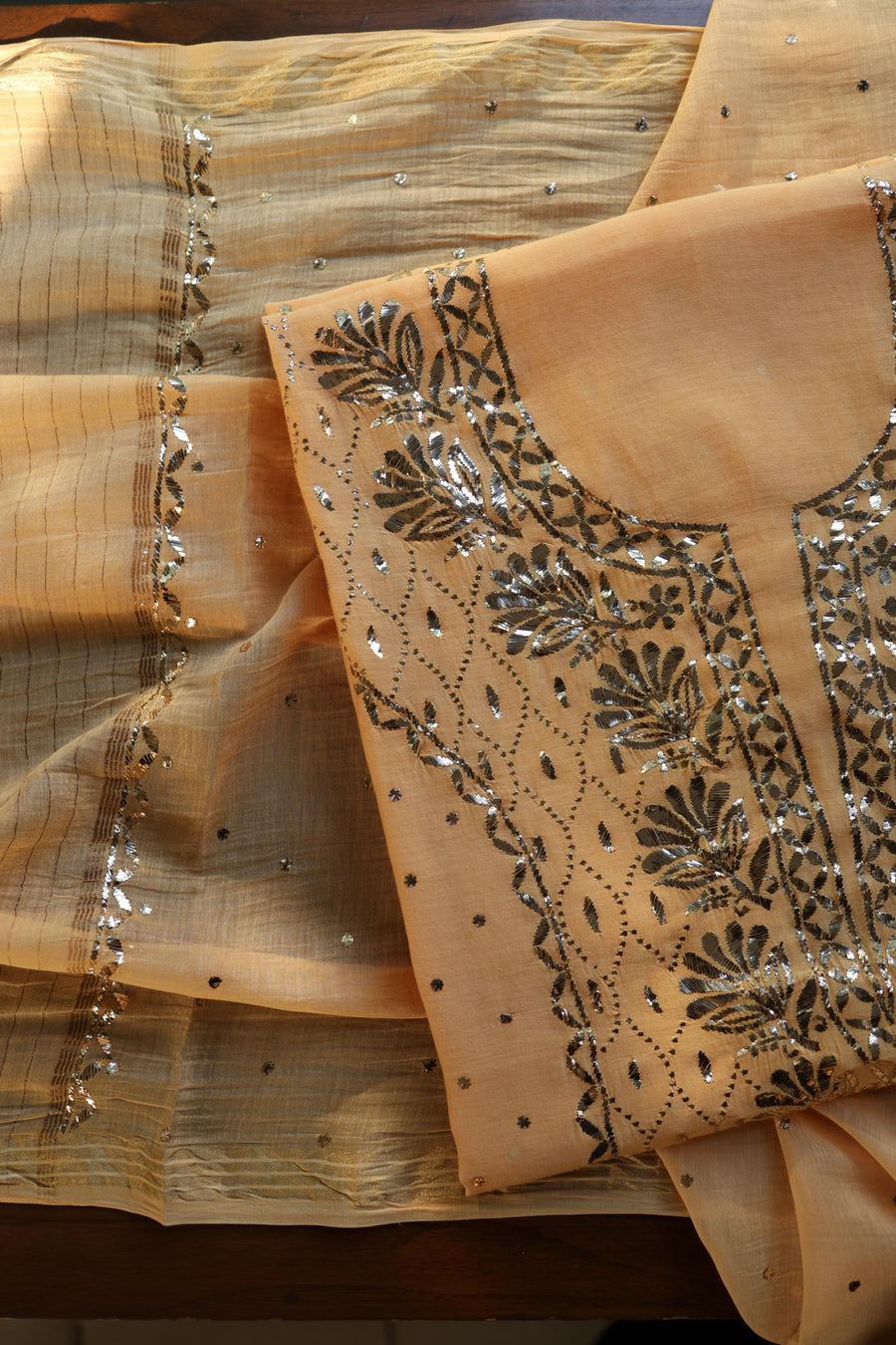 Coral Peach Chanderi Silk Mukaish Badla Unstitched Fabric