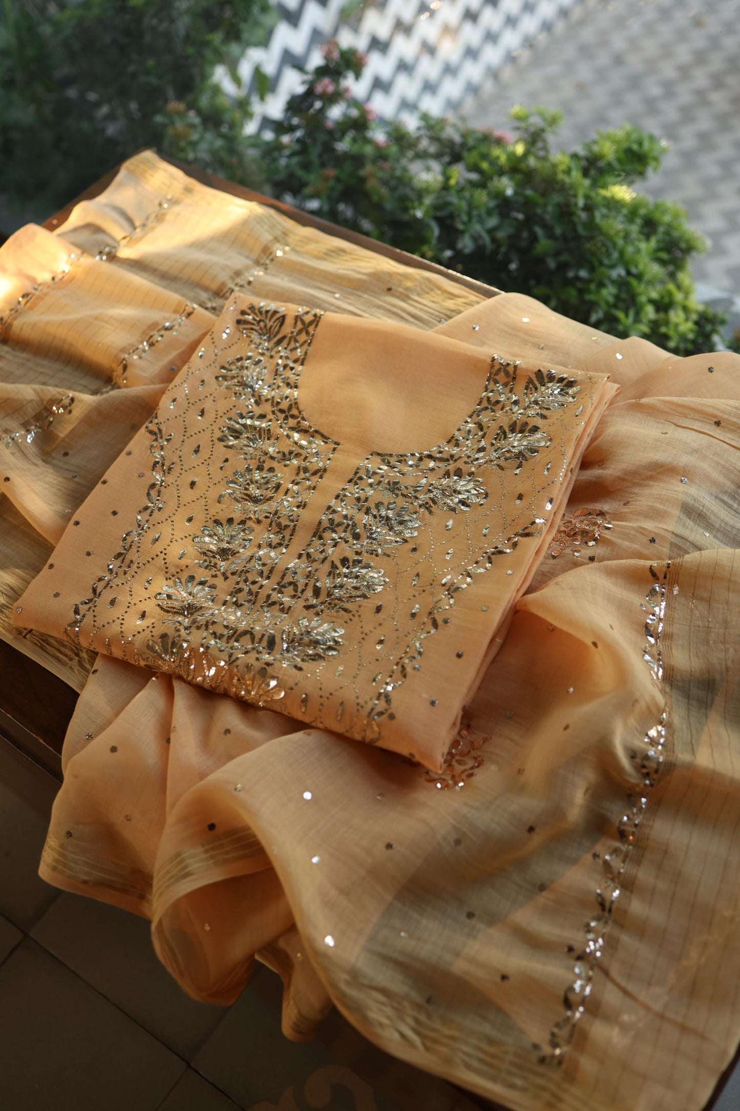 Coral Peach Chanderi Silk Mukaish Badla Unstitched Fabric