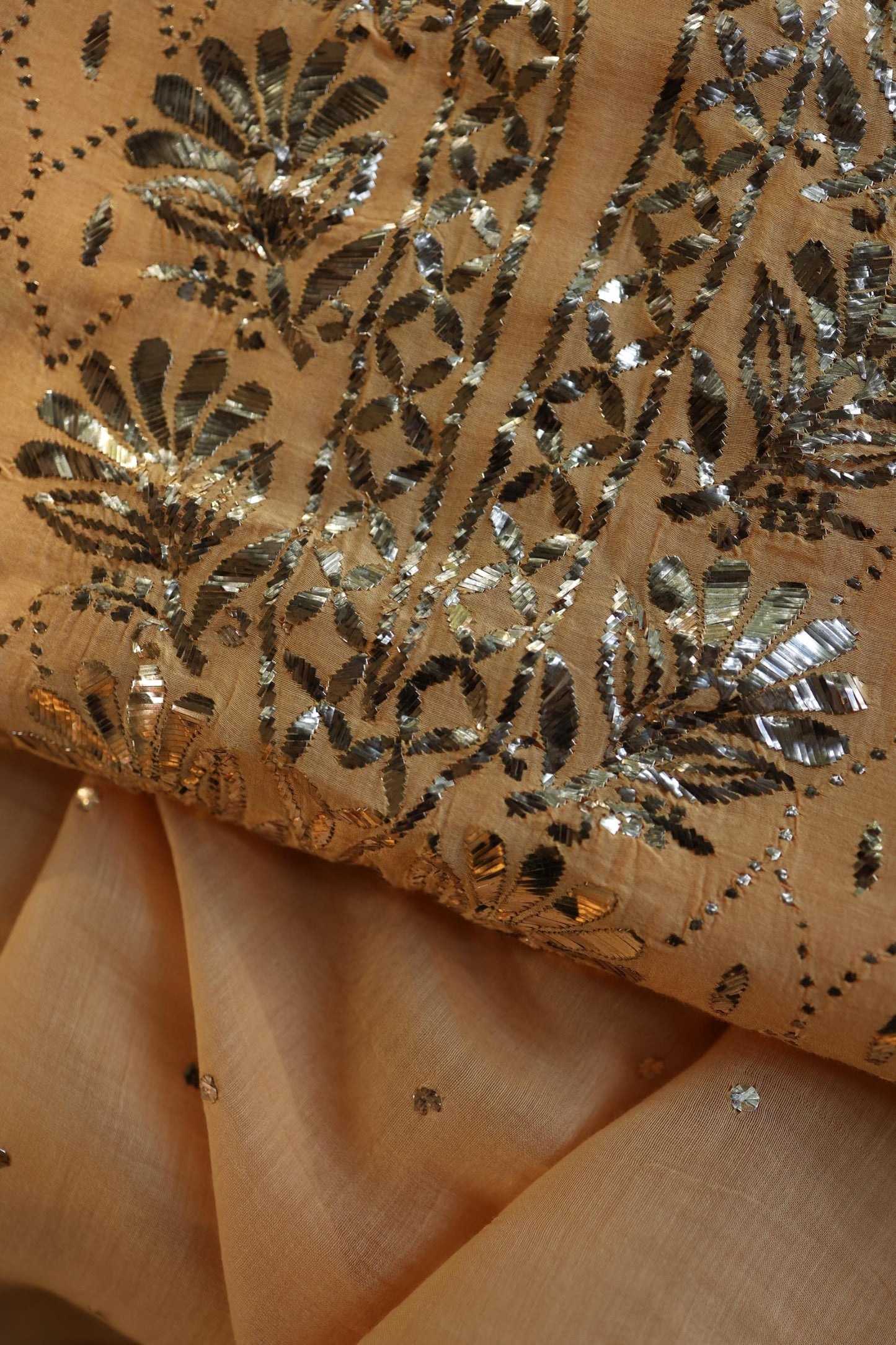Coral Peach Chanderi Silk Mukaish Badla Unstitched Fabric