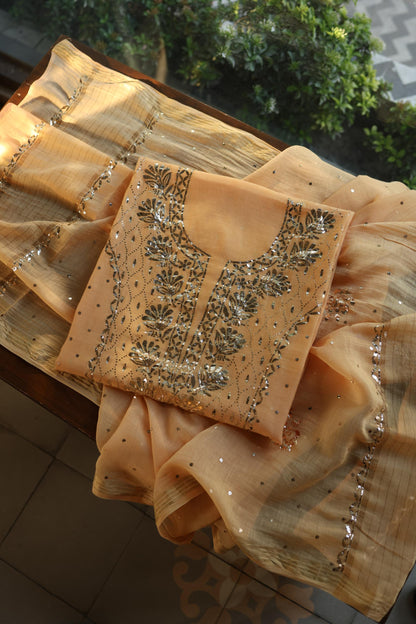 Coral Peach Chanderi Silk Mukaish Badla Unstitched Fabric