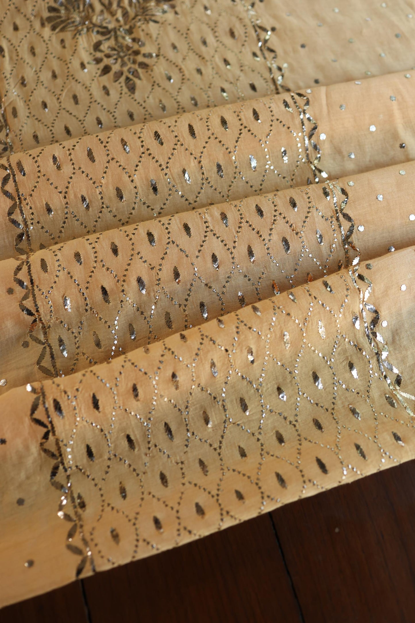 Coral Peach Chanderi Silk Mukaish Badla Unstitched Fabric