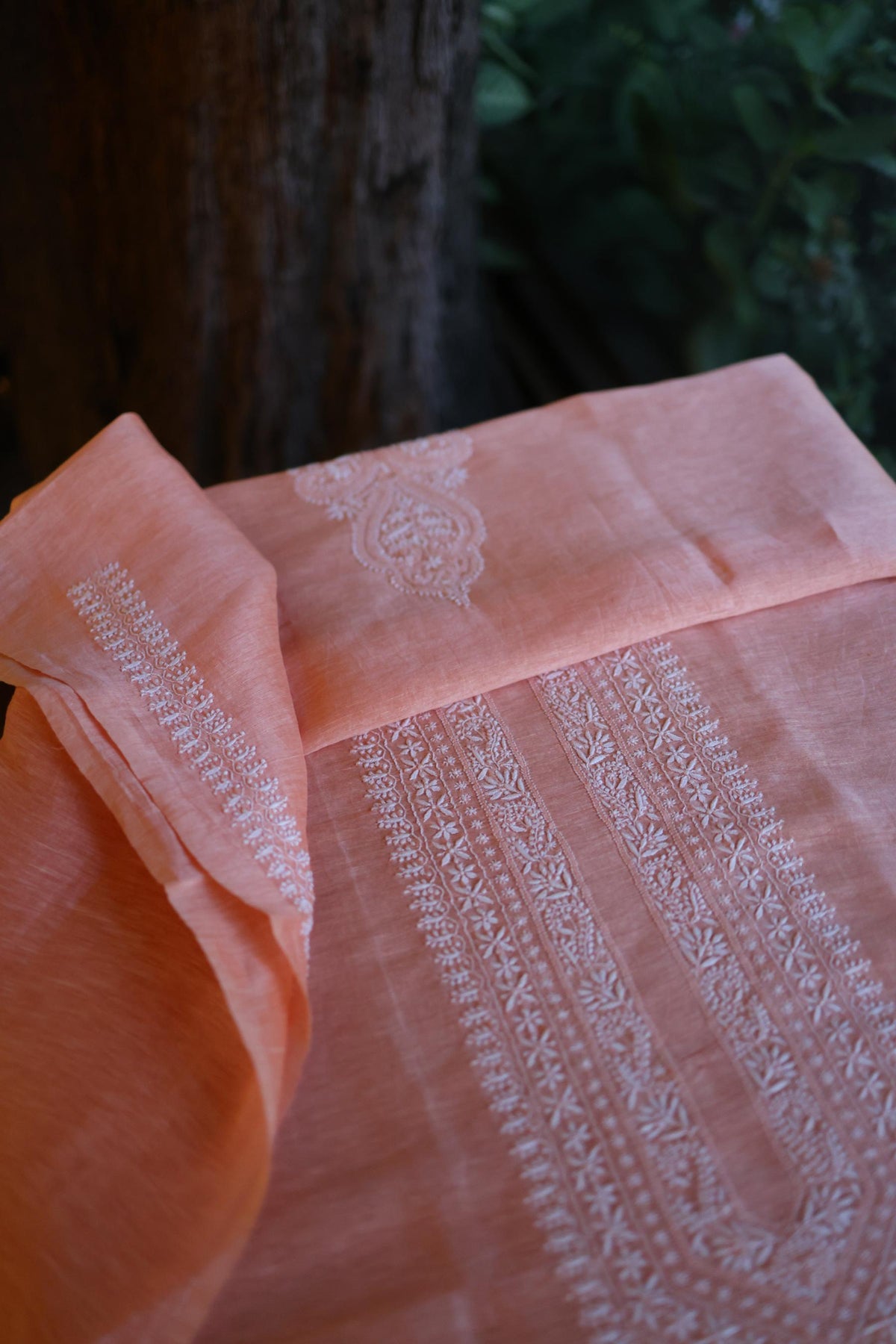 Coral Peach Linen Chikankari Unstitched Men's Kurta Fabric