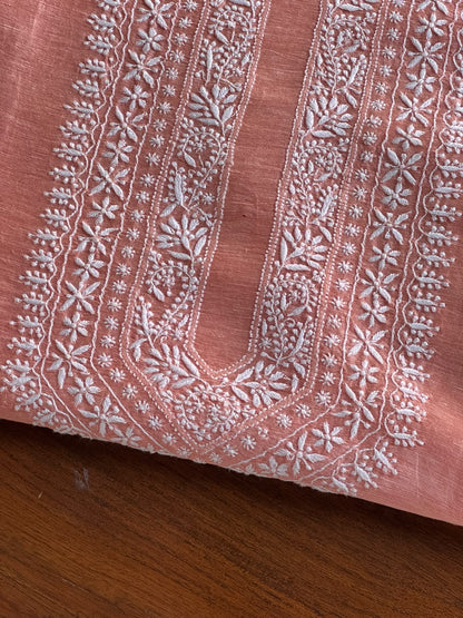 Coral Peach Linen Chikankari Unstitched Men's Kurta Fabric