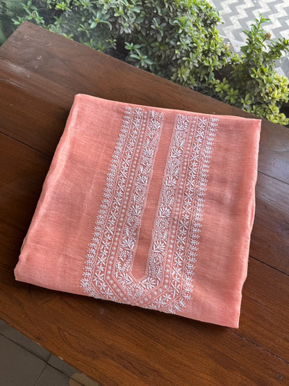 Coral Peach Linen Chikankari Unstitched Men's Kurta Fabric