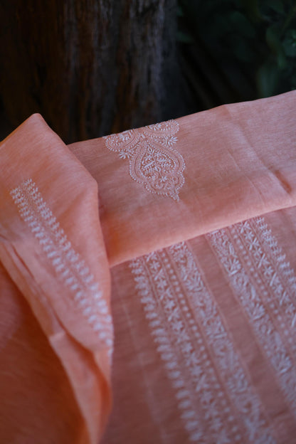 Coral Peach Linen Chikankari Unstitched Men's Kurta Fabric