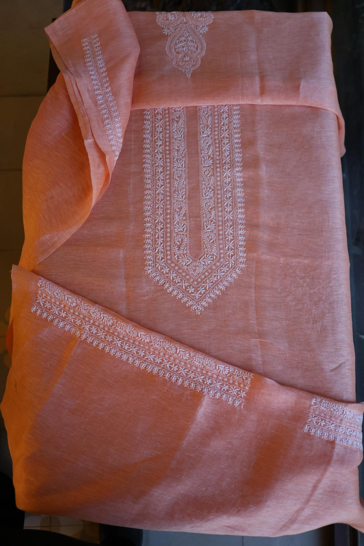 Coral Peach Linen Chikankari Unstitched Men's Kurta Fabric