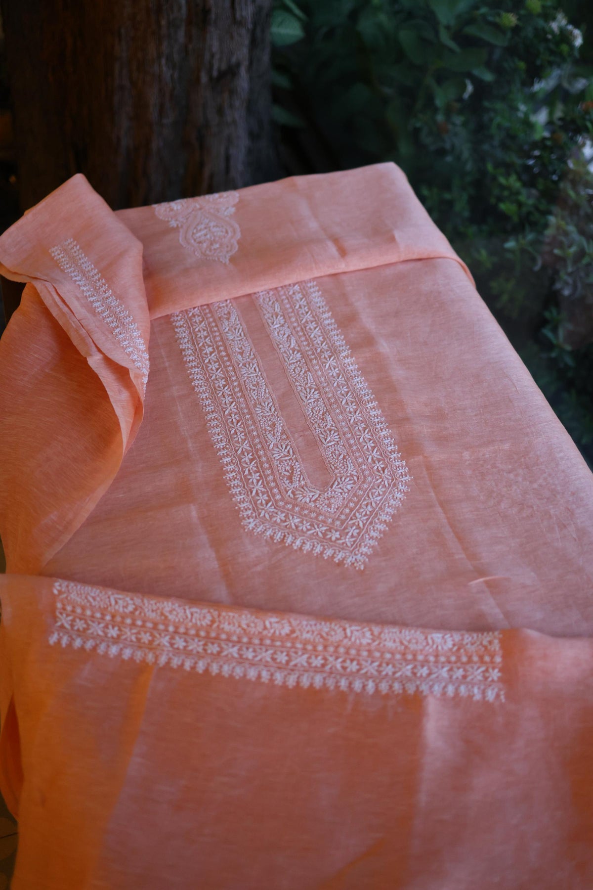 Coral Peach Linen Chikankari Unstitched Men's Kurta Fabric