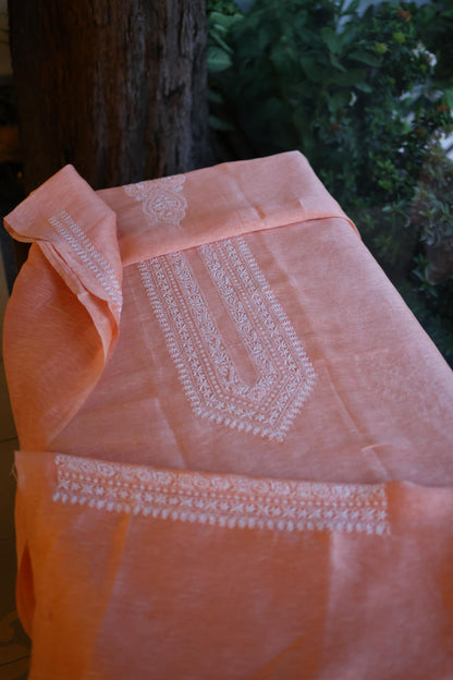 Coral Peach Linen Chikankari Unstitched Men's Kurta Fabric