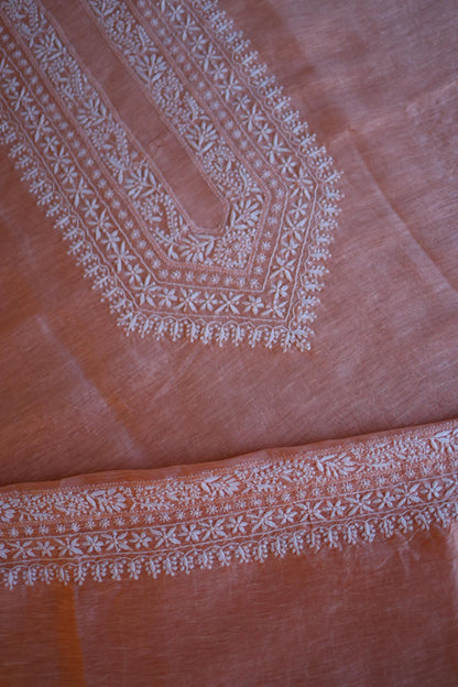 Coral Peach Linen Chikankari Unstitched Men's Kurta Fabric