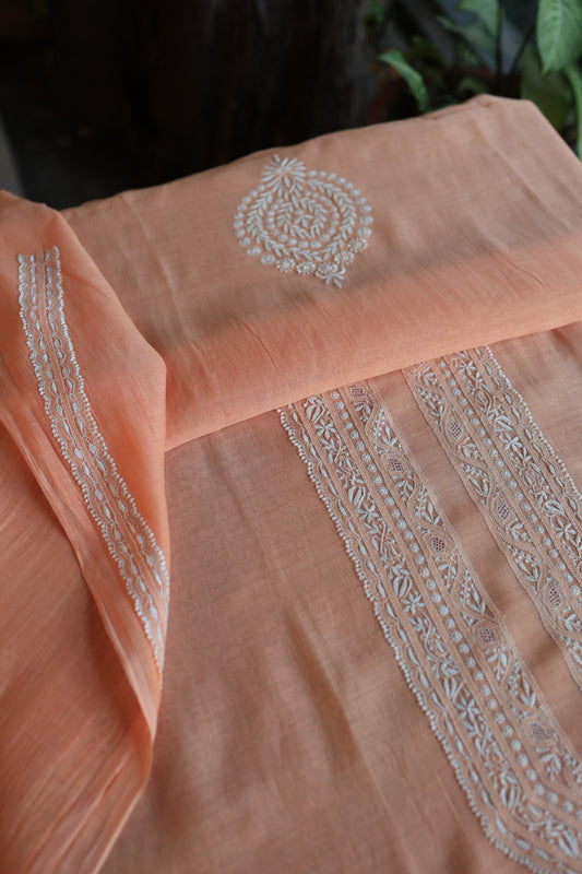 Coral Peach Mulmul Chikankari Unstitched Men's Kurtas Fabric