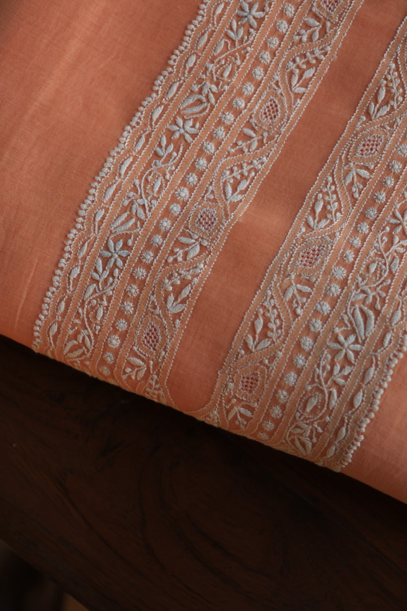 Coral Peach Mulmul Chikankari Unstitched Men's Kurtas Fabric