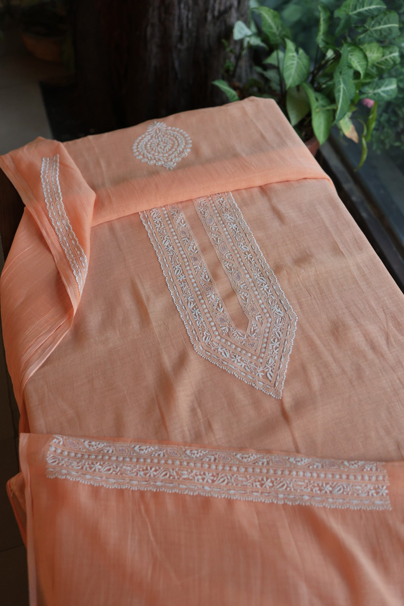 Coral Peach Mulmul Chikankari Unstitched Men's Kurtas Fabric