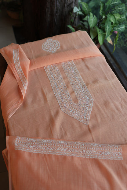Coral Peach Mulmul Chikankari Unstitched Men's Kurtas Fabric