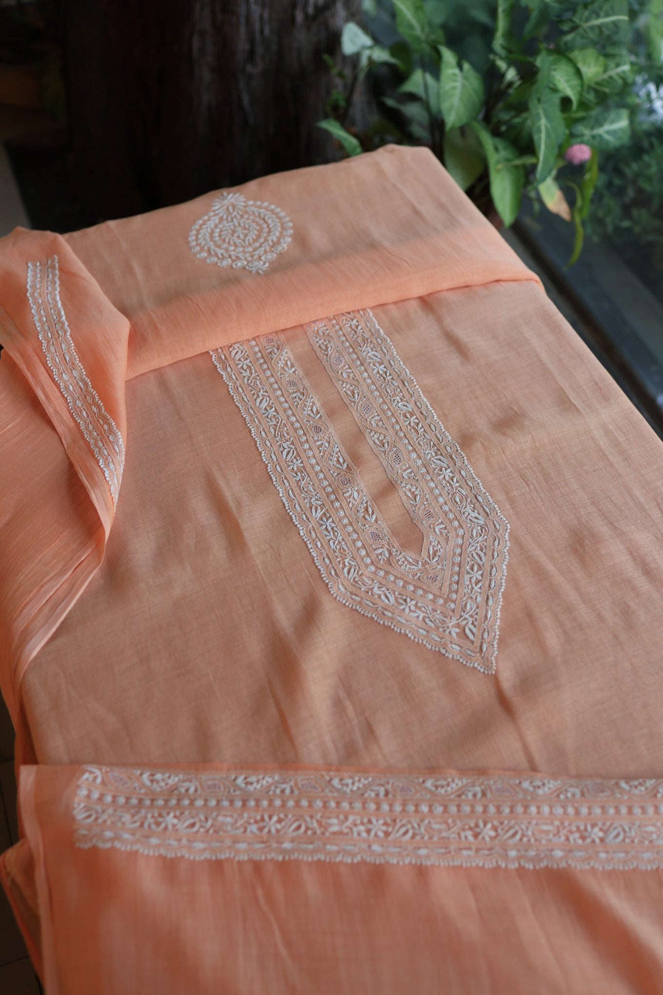 Coral Peach Mulmul Chikankari Unstitched Men's Kurtas Fabric