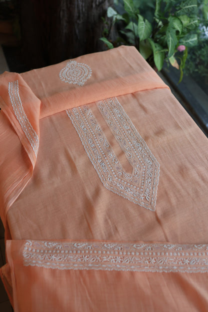 Coral Peach Mulmul Chikankari Unstitched Men's Kurtas Fabric