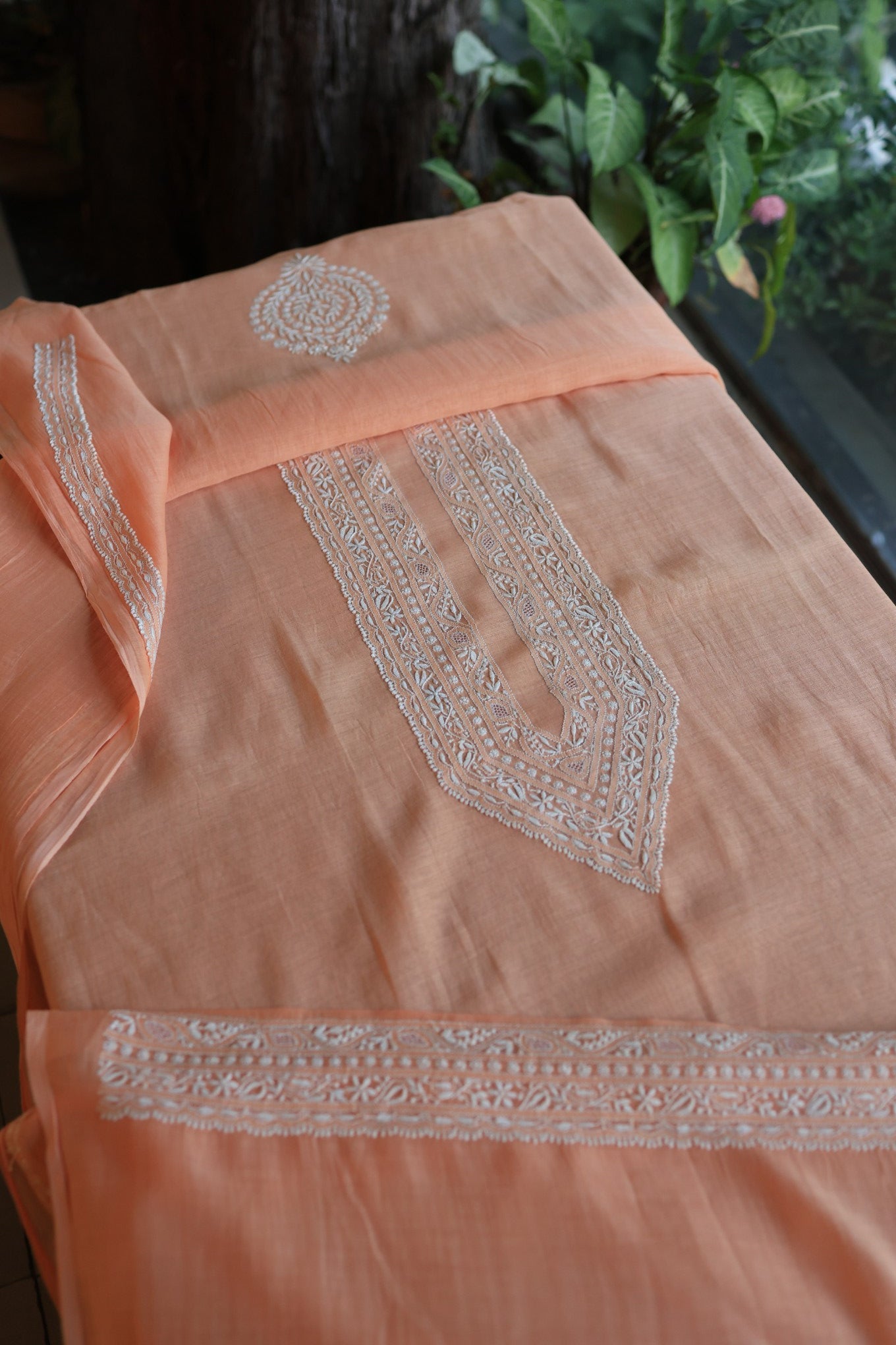Coral Peach Mulmul Chikankari Unstitched Men's Kurtas Fabric