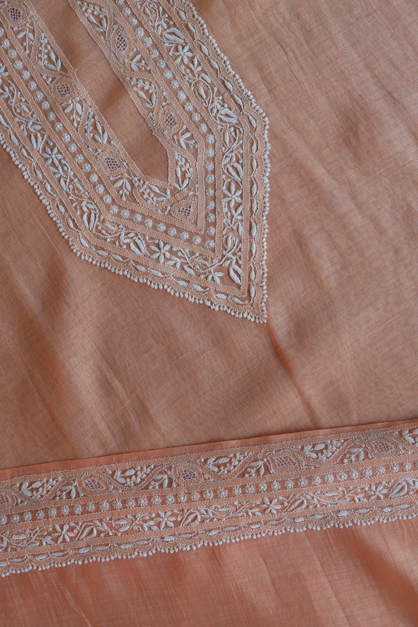 Coral Peach Mulmul Chikankari Unstitched Men's Kurtas Fabric