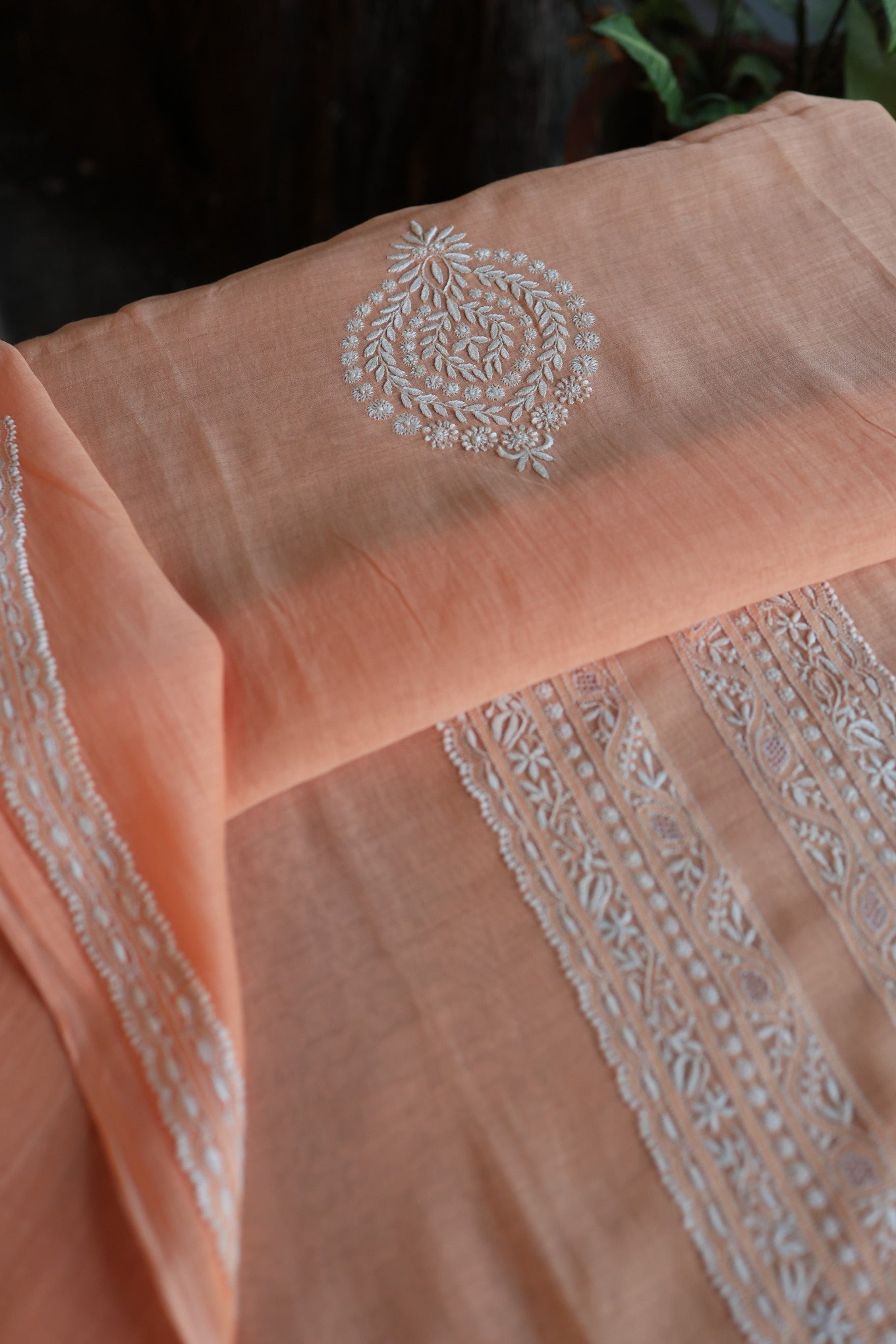 Coral Peach Mulmul Chikankari Unstitched Men's Kurtas Fabric