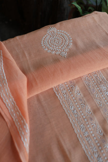 Coral Peach Mulmul Chikankari Unstitched Men's Kurtas Fabric