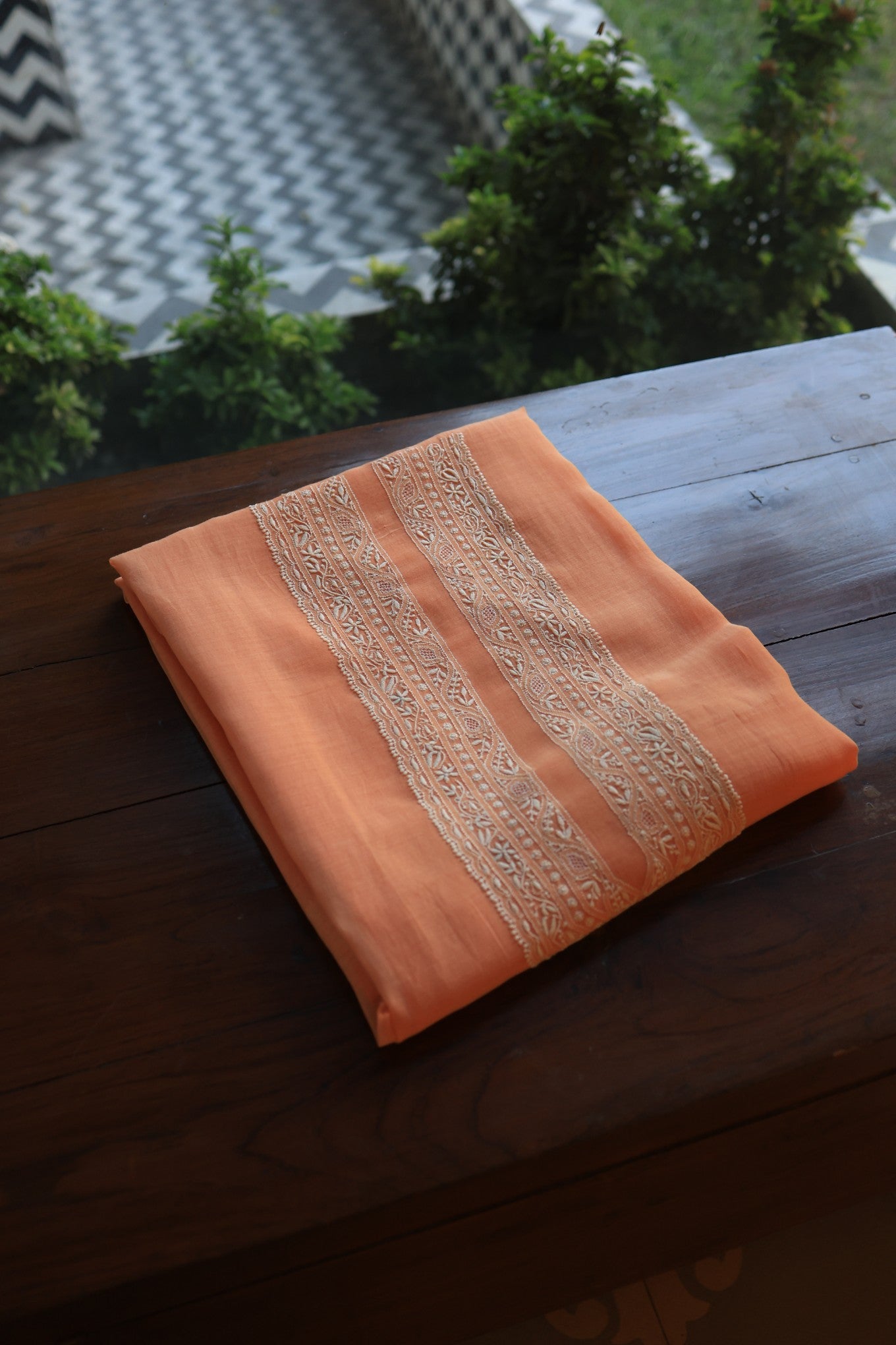 Coral Peach Mulmul Chikankari Unstitched Men's Kurtas Fabric