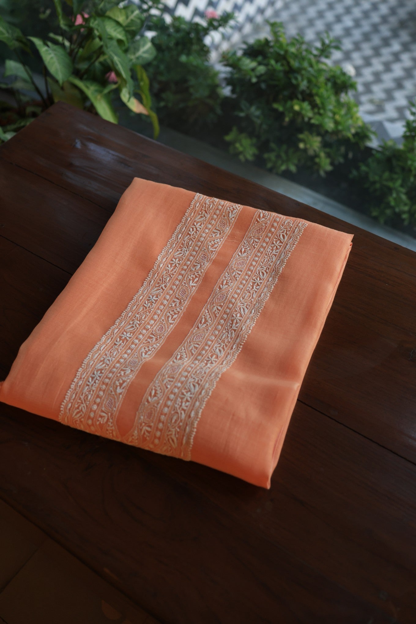 Coral Peach Mulmul Chikankari Unstitched Men's Kurtas Fabric