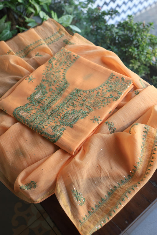 Coral Peach Mal Cotton Chikankari Unstitched Kurta Dupatta Fabrics With Kamdani